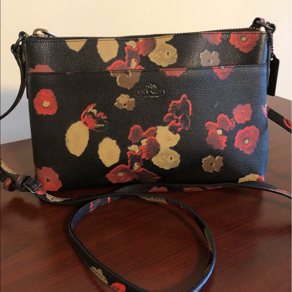 Coach crossbody black floral leather